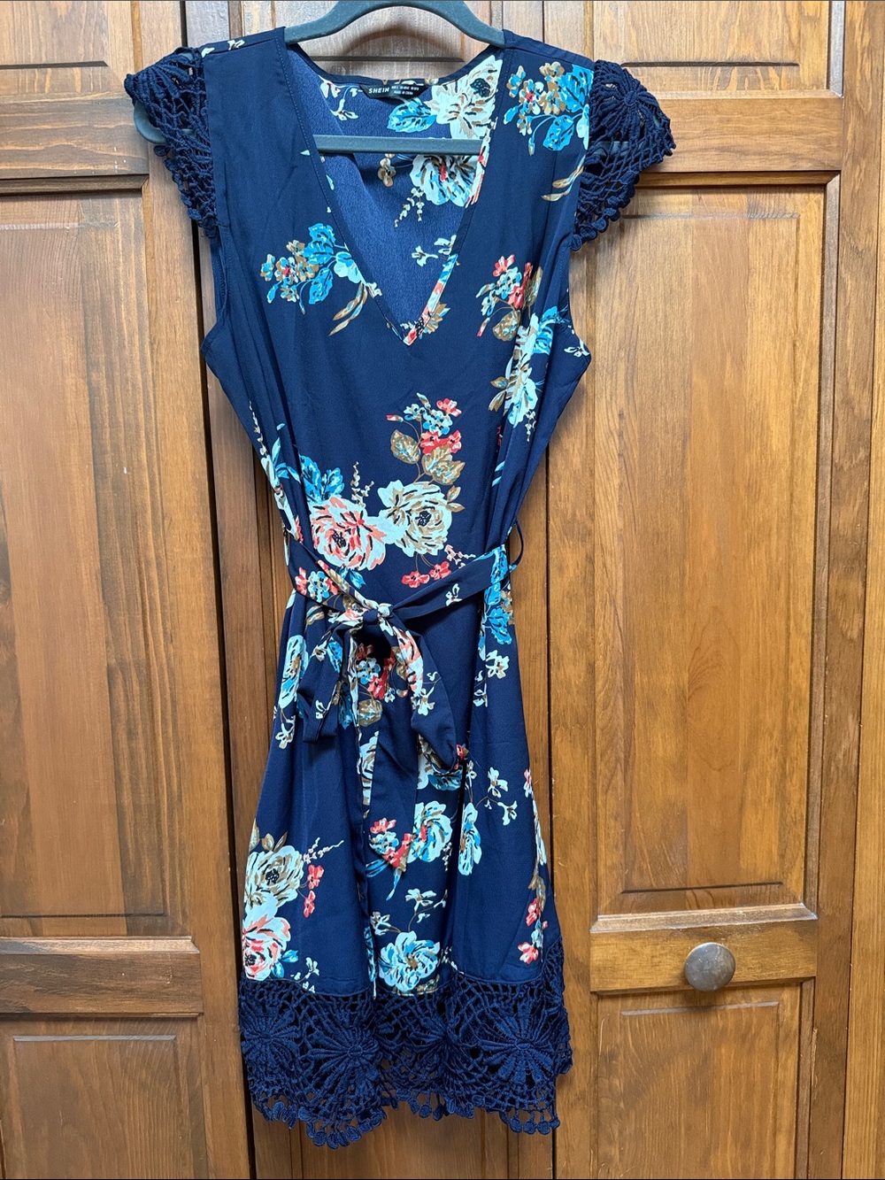 SHEIN Navy Floral Midi Dress with Crochet Trim